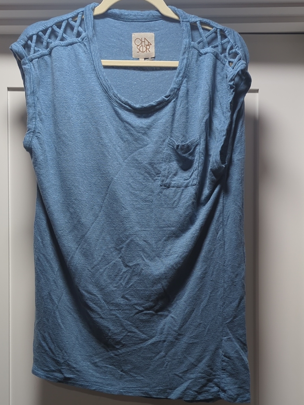 Chaser Blue Sleeveless Tee with Lattice Shoulder Detail